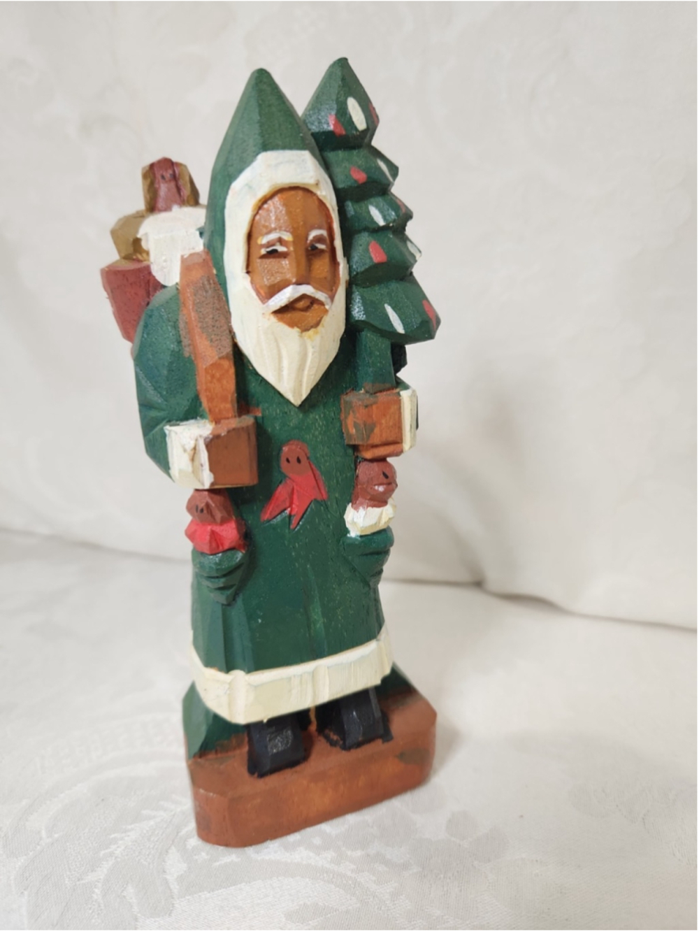 Wooden Santa Christmas Figurine- Hand Carved & Hand Painted with Christmas Tree